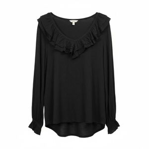 Terra & Sky Black Ruffle V-Neck Long Sleeve Top